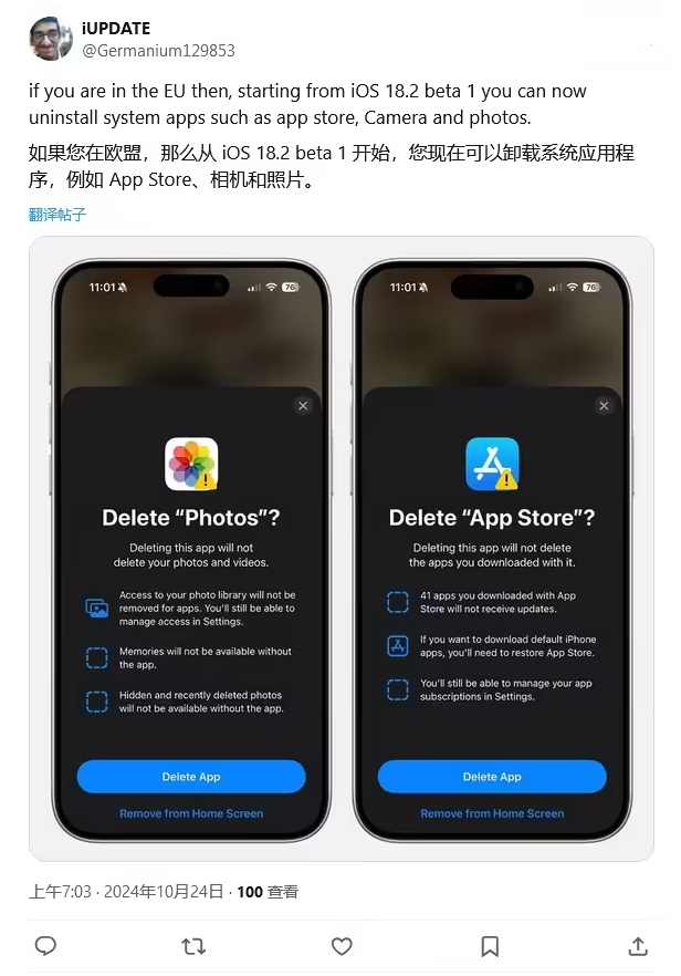 崇明苹果手机维修分享iOS 18.2 支持删除 App Store 应用商店 