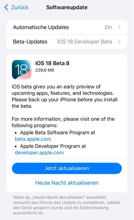 崇明苹果手机维修分享苹果 iOS / iPadOS 18 开发者预览版 Beta 8 发布 